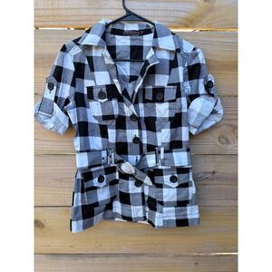 Y2K Von Mozart Black White Buffalo Plaid Belted Utility Safari  Shirt Small